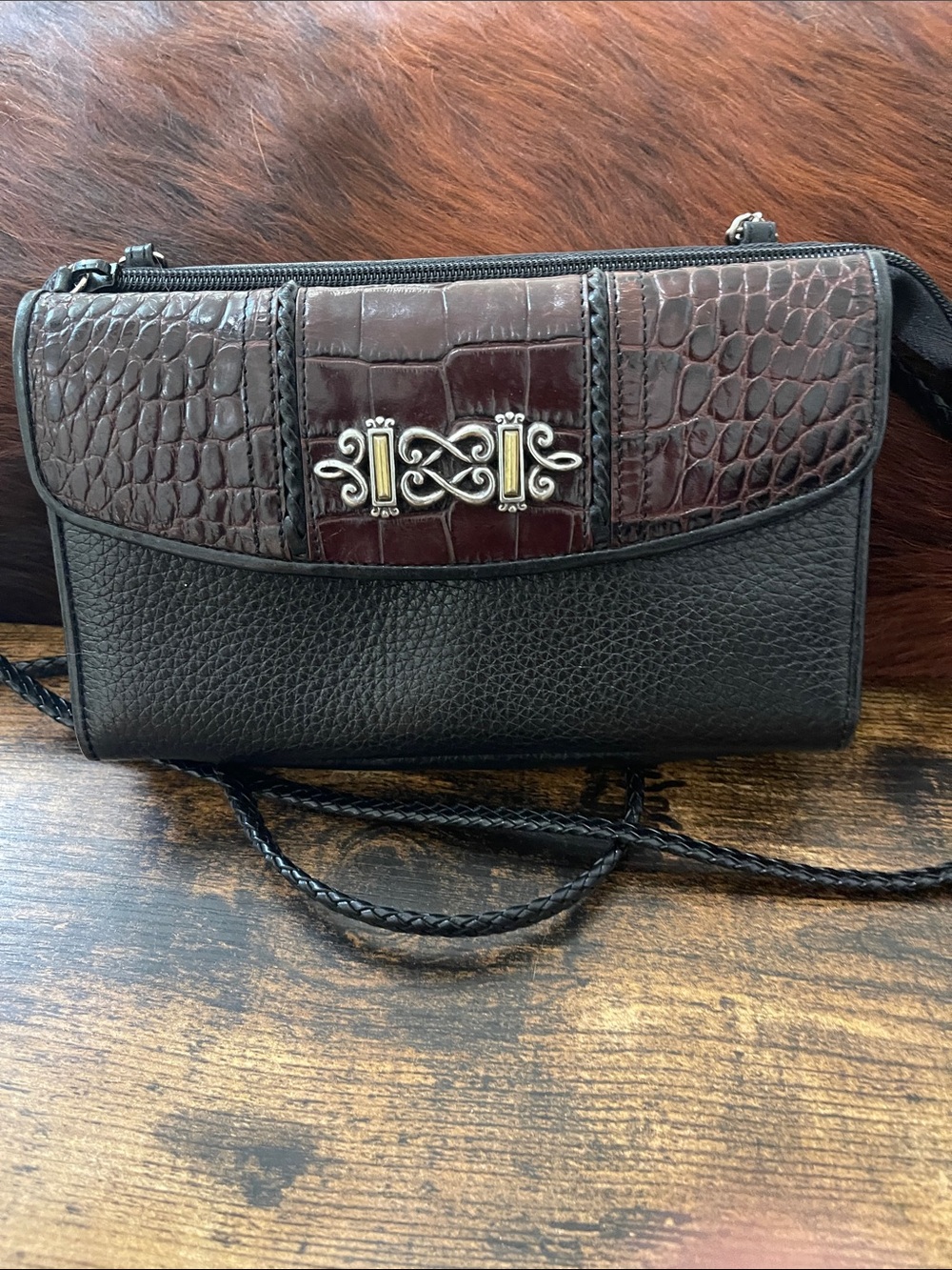 Brighton Nepal Black and Dark Brown Croc-Accent Leather Crossbody